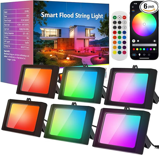 ALFELE RGBW Flood Lights Outdoor 48W, LED Outdoor Lights 6 in 1, Smart Color Changing Landscape Lighting, 2700K-6500K, IP66 RGB Flood Light for House Yard Garden, APP/Remote Control, Wired 6 Pack